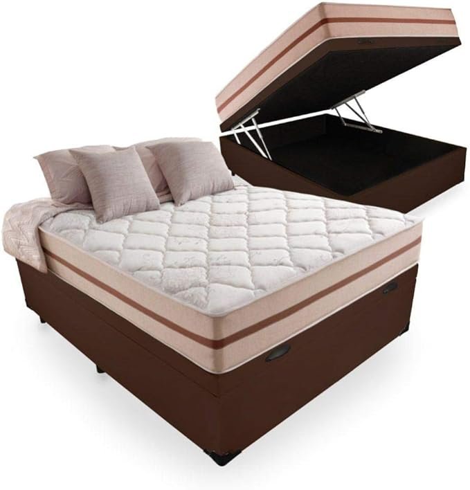 Cama de casal com baú e colchão de molas ensacadas, marca Anjos Classic.
