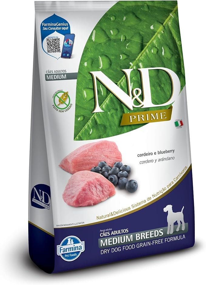 N&D Prime 1ª Ração Farmina Cordeiro e Blueberry Cães 